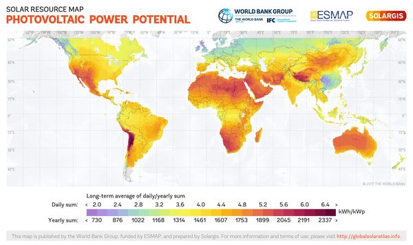 Solar Electricity potential across the globe. Only a part of it is converted to electricity with solar electricity systems.