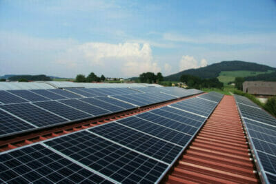 Solar Power Plant - PV modules mounted on a sheet roof...
