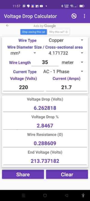 Voltage Drop Calculation - Values Applies